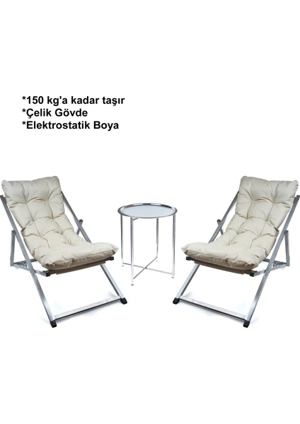 Minderli - Cora Şezlong Seti Bahçe&balkon&teras&plaj Katlanır Ikili Set - 2 Şezlong 1 Sehpa