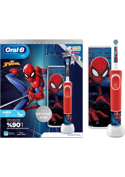 D100 Vitality Spiderman Özel Seri Çocuklar İçin Ekstra Yumuşak Şarj Edilebilir Diş Fırçası + Seyahat Kabı