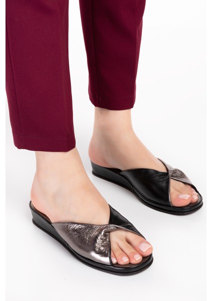 Kadın Platin Siyah Hakiki Deri Şık Terlik modelleri