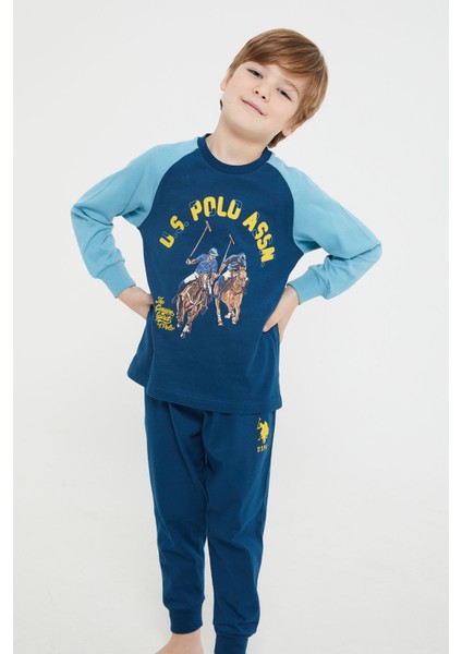 Lisanslı Lacivert Erkek Çocuk Ribanalı Uzun Kol Pijama Takım