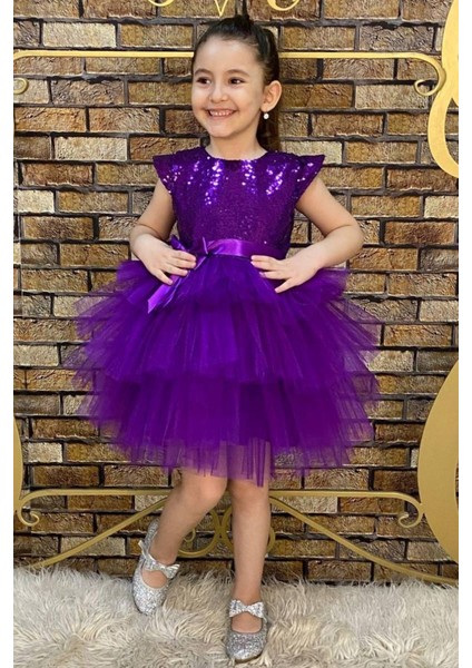 Kız Çocuk Üstü Pulpayet Işlemeli Katkat Mor Abiye fiyatları