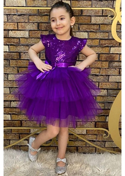 Kız Çocuk Üstü Pulpayet Işlemeli Katkat Mor Abiye modelleri