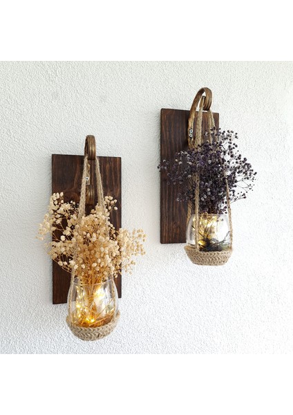 Duvar Dekoru, LED Işıklı, Beyaz ve Mor Cipso Çiçekli Aplik, Ceviz Ikili Set fiyatları