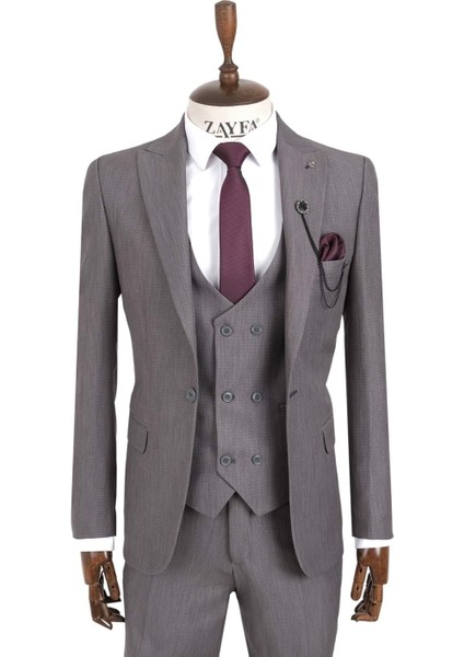 Gri Slim Fit Yelekli Erkek Takim Elbise