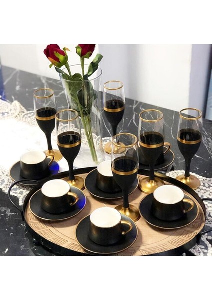 Gold Siyah El Dekorlu Kahve Yanı Bistro 6'lı Kadeh Takımı