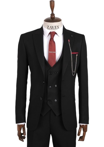Siyah Slim Fit Yelekli Erkek Takım Elbise