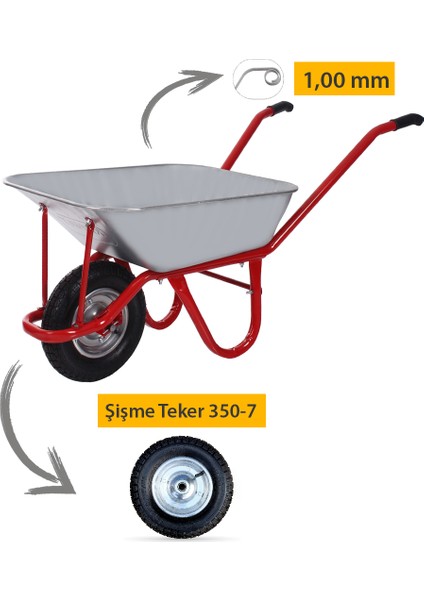 Galvanizli Şişme 350-7 Ebat Teker Demonte El Arabası 1.00 mm Sac