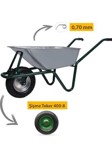 Mega Galvanizli Şişme 400-8 Ebat Teker Demonte El Arabası 0.70 mm Sac