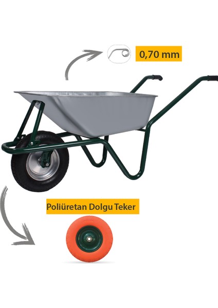 Mega Galvanizli Poliüretan Dolgu Rulmanlı Teker Demonte El Arabası 0.70 mm Sac