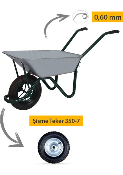 Troyka Galvanizli Şişme 350-7 Ebat Teker Demonte El Arabası 0.60 mm Sac