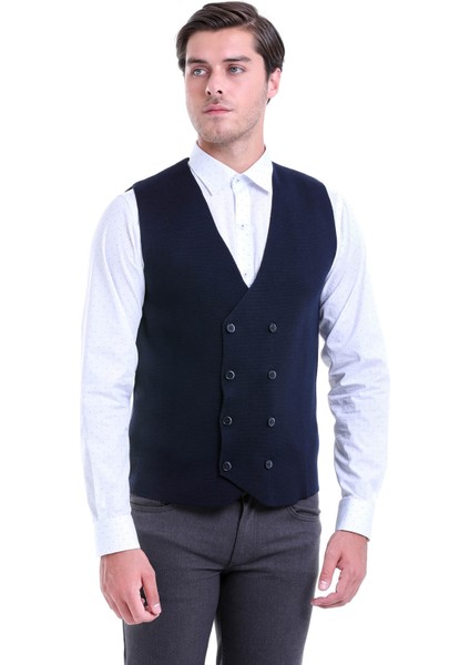 Erkek Lacivert Klasik Regular Fit Kruvaze Triko Yelek