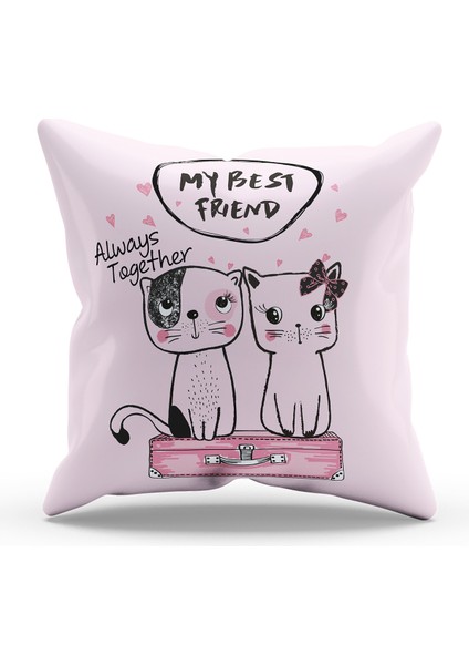 Çift Tarafı Baskılı Lovely Cats Desenli Tekli Süet Kırlent Kılıfı