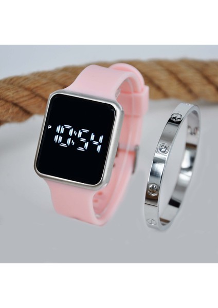 Pudra Pembe Silikon Kordonlu Gümüş Renk Çelik Bileklikli Kombin Kol Saati SU-212