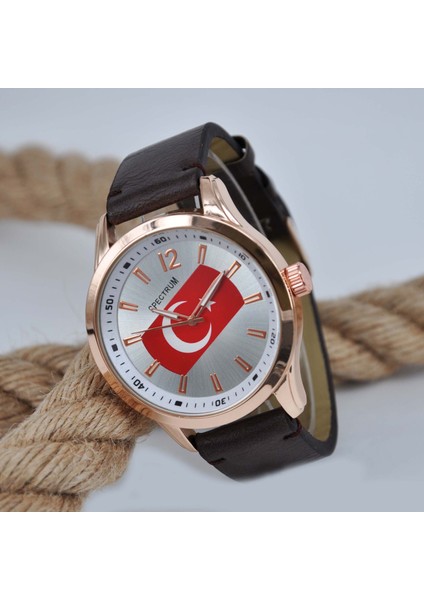 Kahverengi Deri Kordonlu Türk Bayrağı Detay Yetişkin Erkek Kol Saati SU-612