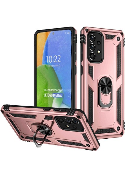 Samsung Galaxy A73 Kapak Military Yüzüklü Stantlı Panzer Tank Kılıf - Rose Gold