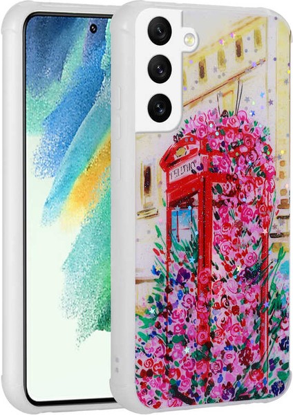 Samsung Galaxy S21 Fe Uyumlu Kılıf Simli Kalpli ve Çiçekli Desenli Parlak Tasarım Soft Kılıf