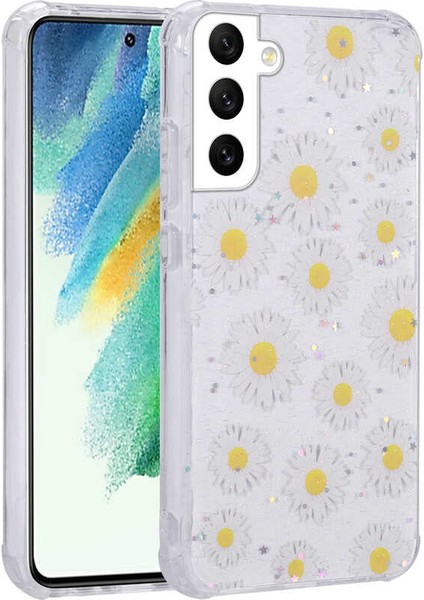 Samsung Galaxy S21 Fe Uyumlu Kılıf Simli Kalpli ve Çiçekli Desenli Parlak Tasarım Soft Kılıf
