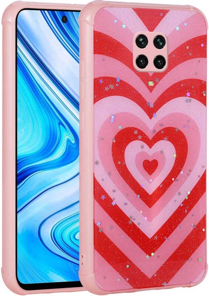 Xiaomi Redmi Note 9 Pro Uyumlu Kılıf Simli Kalpli ve Çiçekli Desenli Parlak Tasarım Soft Kılıf