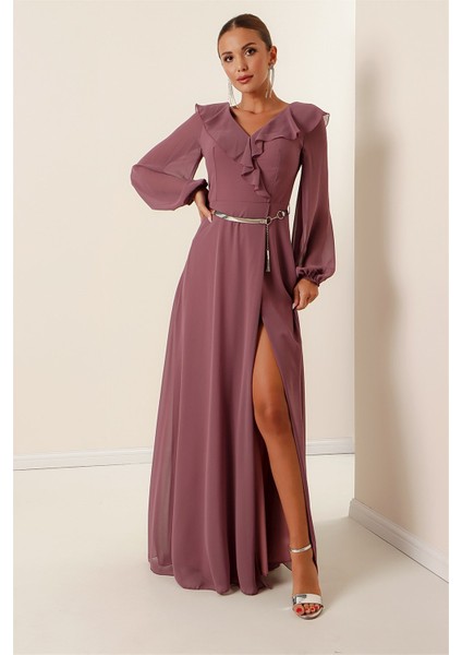 Önü Volanlı Balon Kollu Kemerli Şifon Uzun Elbise modelleri