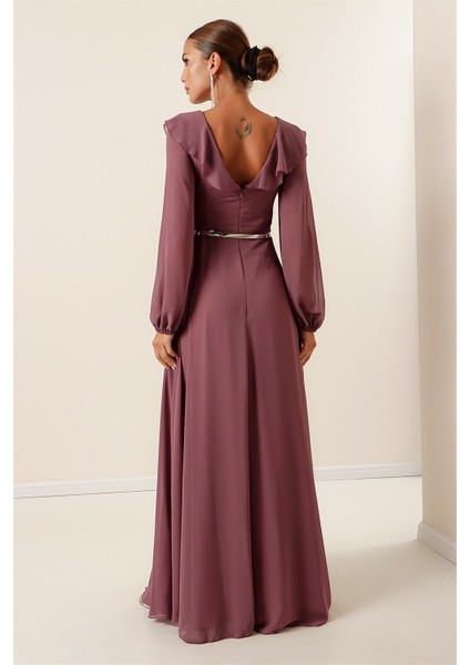 Önü Volanlı Balon Kollu Kemerli Şifon Uzun Elbise fırsatları