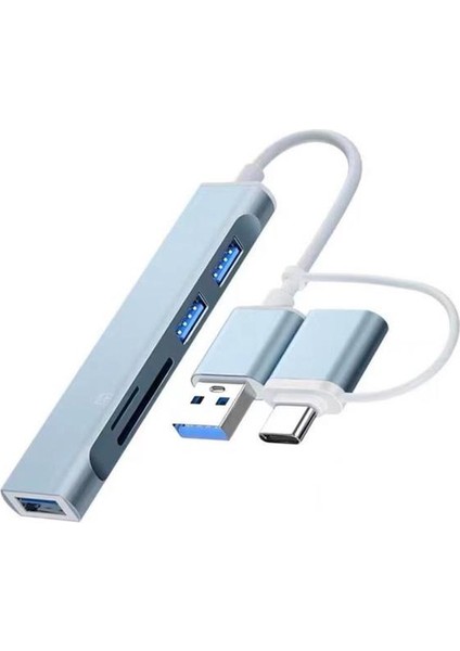 Polham 5in1 Type-C + USB Girişli Sdtf ve USB Çevirici Adaptör 3x USB 1x Tf 1x Sd Çoğaltıcı Hub