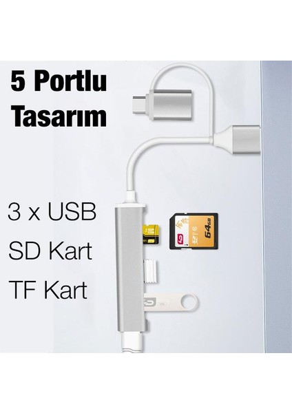 Polham 5in1 Type-C + USB Girişli Sdtf ve USB Çevirici Adaptör 3x USB 1x Tf 1x Sd Çoğaltıcı Hub