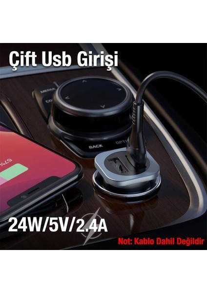 Polham 24W Ultra Hızlı 2 USB Girişli Araç Çakmaklık Şarj Adaptörü, Yanmaz Minimal Tasarımlı Çakmaklık