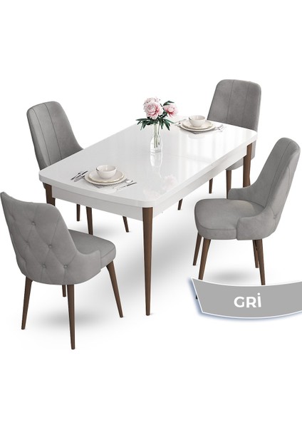 Concept Yay Serisi 80 x 132 cm Açılabilir Mutfak Masa Takımı Beyaz Masa Ceviz Ayak 4 Sandalye