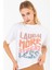 Bisiklet Yaka Laugh More Baskılı Beyaz Oversize Kadın T-Shirt 1