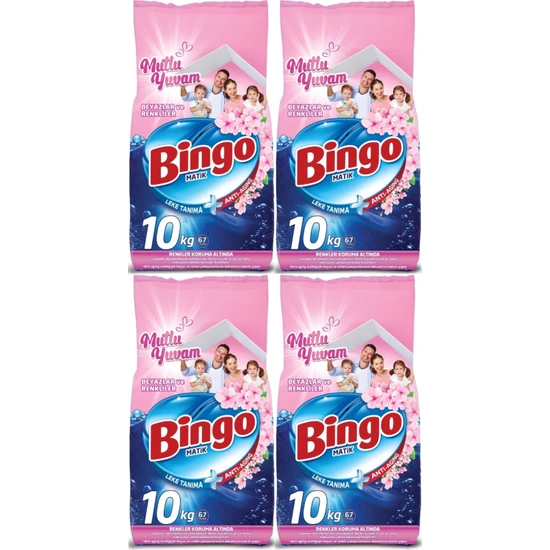 Bingo Matik Toz Çamaşır Deterjanı 40 kg Beyazlar ve Renkliler (4 Paket x 10 Kg) (268 Yıkama) (Mutlu Yuvam)