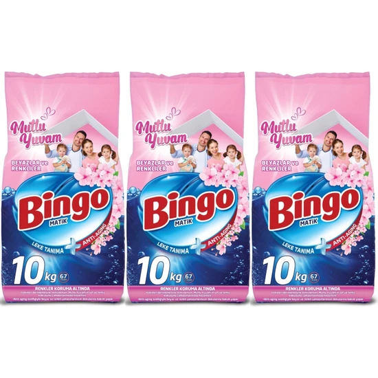 Bingo Matik Toz Çamaşır Deterjanı 30 kg Beyazlar ve Renkliler (3 Paket x 10 Kg) (201 Yıkama) (Mutlu Yuvam)