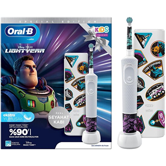 Oral-B D100 Vitality Lightyear Özel Seri Çocuklar İçin Ekstra Yumuşak Şarj Edilebilir Diş Fırçası + Seyahat Kabı