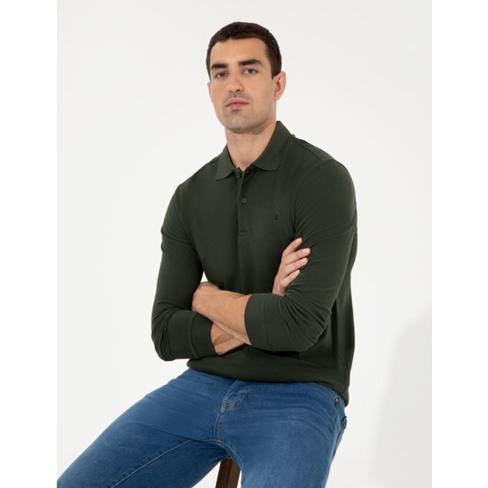 Pierre Cardin Erkek Koyu Yesil Slim Fit Fit Polo Yaka Sweatshirt 50261102-VR079