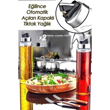 WuuQ 2 Adet Damlatmaz Tiktak Kapaklı Cam Yağlık 350 ml (Eğince Otomatik Açılan Kapaklı Yağlık)