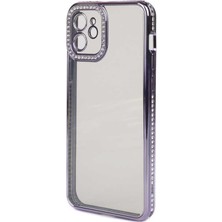 Gpack Apple iPhone 12 Kılıf Kamera Korumalı Taşlı Mina Silikon Mor