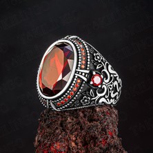 Takılingo 925 Ayar Gümüş Oval Kırmızı Zirkon Taşlı Usta Işi Erkek Yüzük