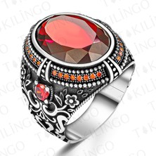 Takılingo 925 Ayar Gümüş Oval Kırmızı Zirkon Taşlı Usta Işi Erkek Yüzük