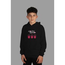 Çocuk Siyah Kapşonlu Sweatshirt Squid Game Dijital Baskılı Iki Iplik Içi Şardonlu