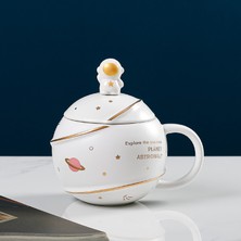 Sinley 400ML Uzay Seramik Kaşık Kapaklı Kupa Güzel Astronot Kupalar Su Bardağı Süt Kahve Fincanı (Yurt Dışından)