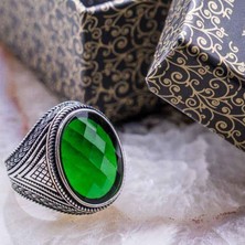 925 Gümüş 925 Ayar Gümüş Yeşil Zirkon Taşlı Erkek Yüzük Model 6