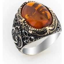 925 Gümüş 925 Ayar Gümüş Kehribar Taşlı Vav Detaylı Yüzük