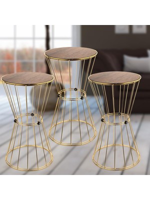 Begüsa Madrid 3.lü Set Sehpa Gold Kaplama Ceviz Ahşap