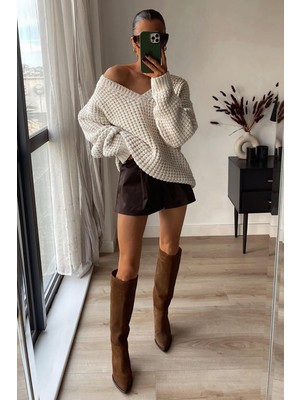 Madmext Ekru Oversize V Yaka Triko Kazak MG1440