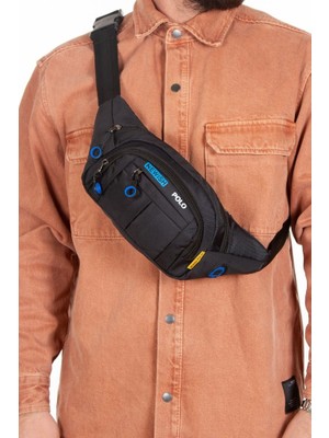 Newish Polo Unisex Kulaklık USB Çıkışlı Bel Omuz ve Göğüs Çantası  Kumaş Bodybag Siyah Mavi