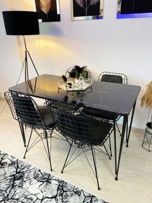 Stone Concept Mobilya Yemek Masa Takımı Mutfak Masası Sırt Minderli 4'lü Tel Sandalye + Masa 60 x 120 cm Siyah