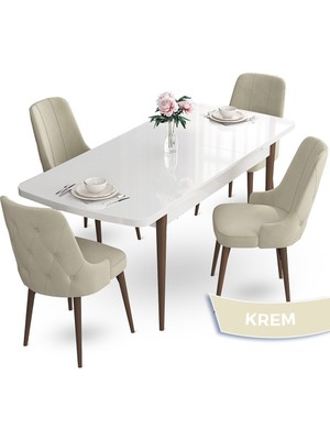 Canisa Concept Yay Serisi 80 x 132 cm Açılabilir Mutfak Masa Takımı Beyaz Masa Ceviz Ayak 4 Sandalye