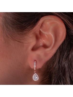 925 Gümüş Beyaz Damla Taşlı Rose Kaplamalı Sallantılı 925 Ayar Gümüş Küpe