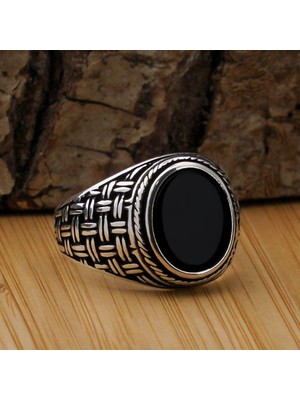 925 Gümüş Siyah Oniks Taşlı Hasır Desenli 925 Ayar Gümüş Erkek Yüzük