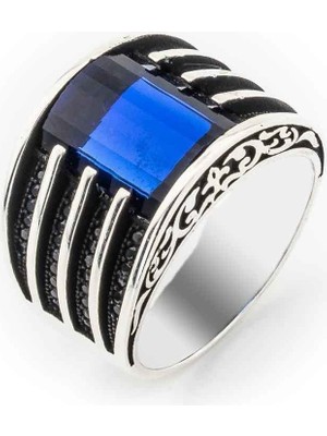 925 Gümüş 925 Ayar Gümüş  Mavi Zirkon Taşlı Erkek Yüzük