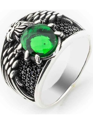 925 Gümüş Yeşil Zirkon Taşlı Kartal Simgeli Gümüş Yüzük